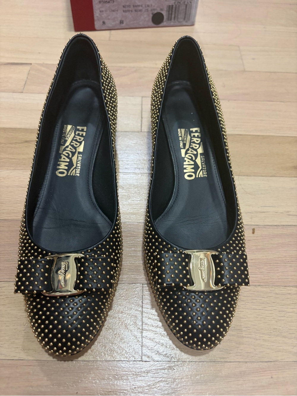 Salvatore Ferragamo Black Leather Vara Bow Flats with Gold Studs